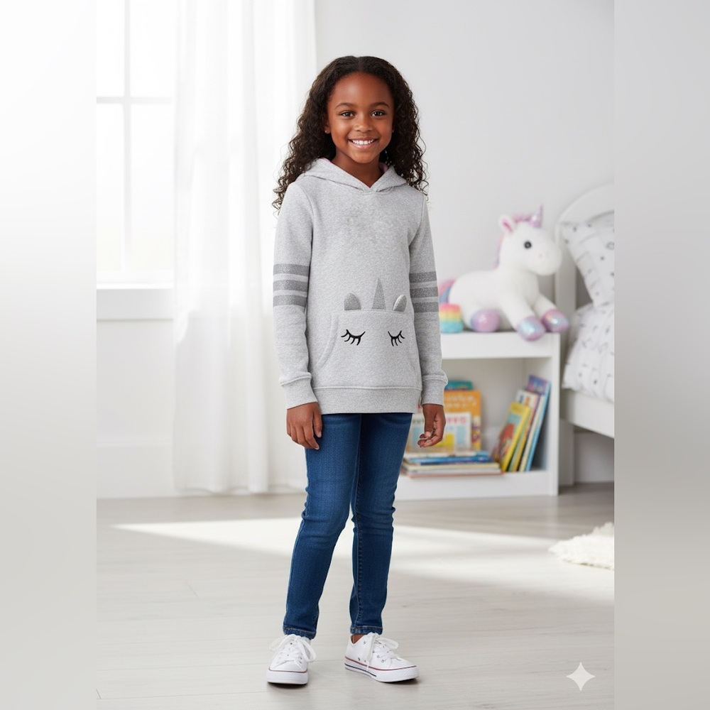OshKosh B'gosh Girls Unicorn Hoodie Sweatshirt Gray Pink Size 10 Sparkle Cute
